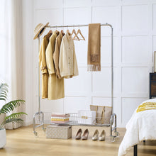 Load image into Gallery viewer, Heavy Duty Iron Garment Rack With Basket On Wheels - Silver
