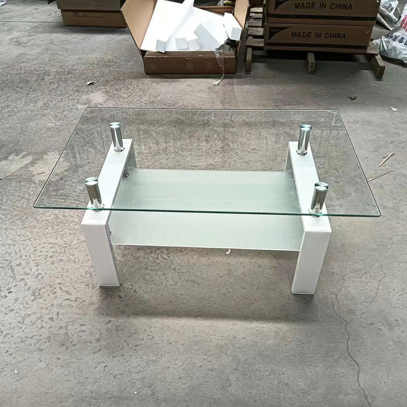 39" Glass And Steel Coffee Table With Shelf - Clear And White
