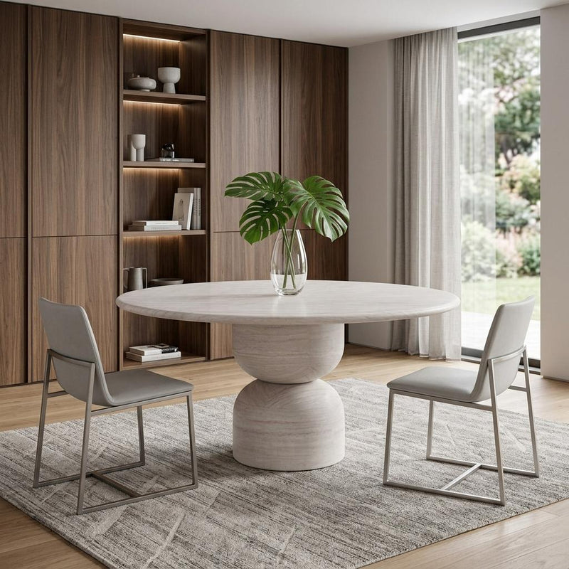 Marble Pedestal Base Round Top Dining Table - Beige
