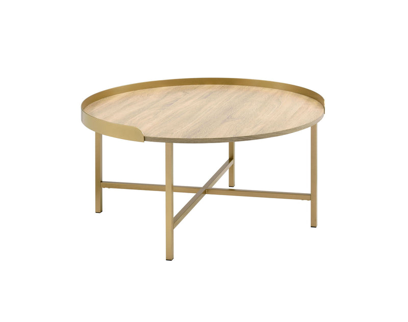 Manufactured Wood And Metal Round Coffee Table - Gold And Oak