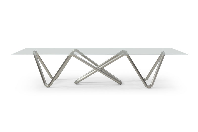Glass Stainless Steel Double Pedestal Base Dining Table - Clear / Nickel