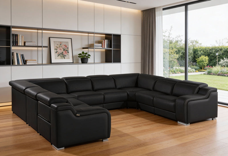 Power Reclining Italian Leather U Shaped Eight Piece Corner Sectional With Console - Black