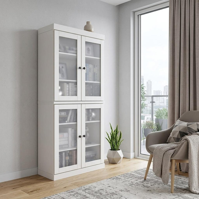 Solid Wood Adjustable Six Tier Library Bookcase With Four Doors (751351) - White