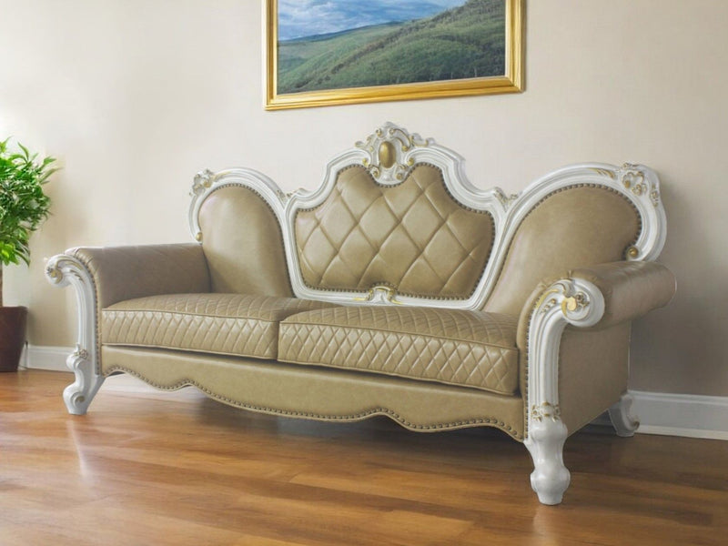 Faux Leather Sofa And Toss Pillows With Pearl Legs - Golden Brown