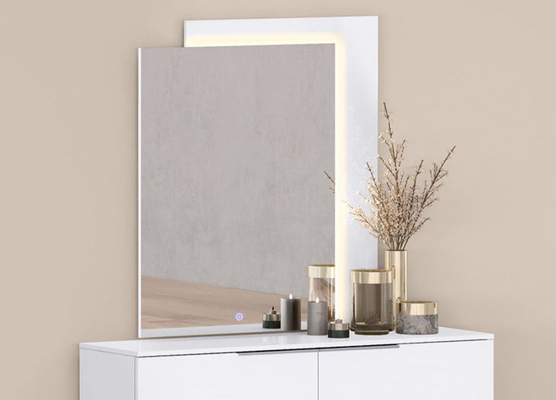 Wood Lighted Wall Mounted And Dresser Mount Geometric Framed Dresser Mirror - White