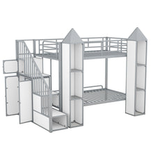 Load image into Gallery viewer, Metal Twin over Twin Castle-shaped Bunk Bed with Wardrobe and Multiple Storage, Gray+White
