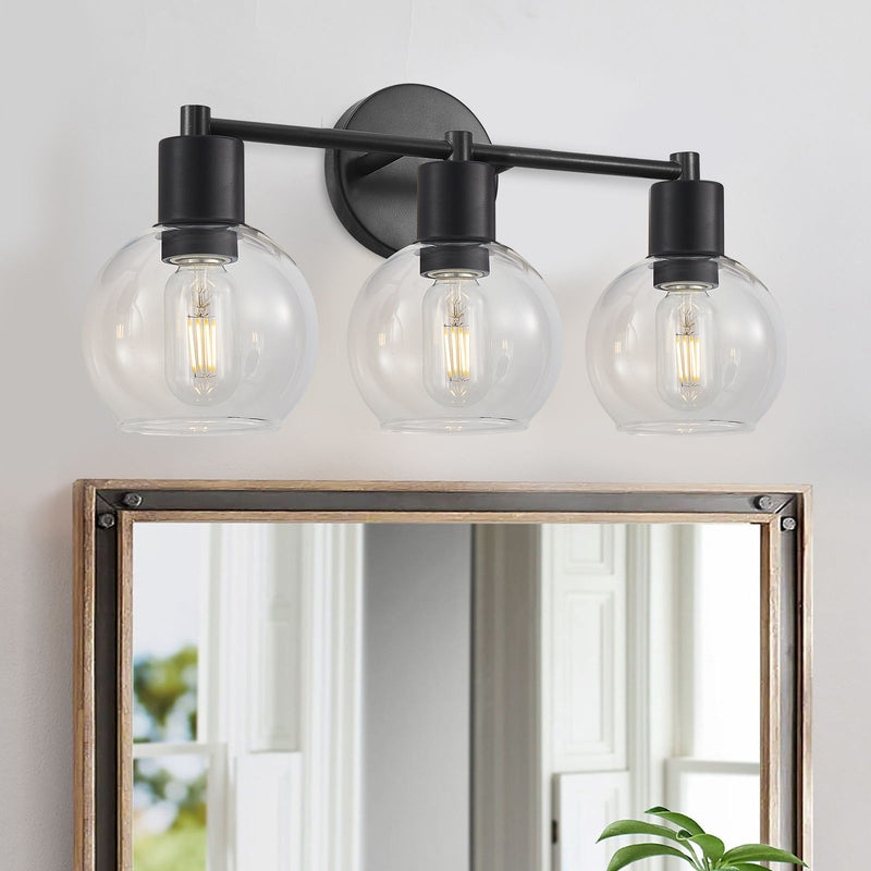 3 Light Globe Bathroom Vanity Light With Clear Glass Shades - Black
