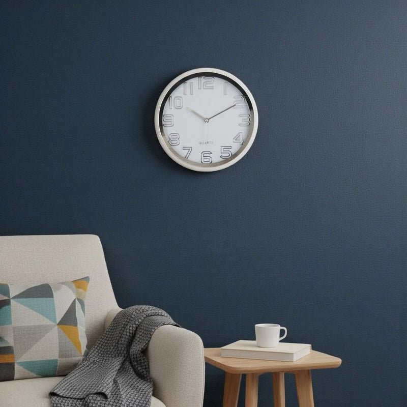 Heavy Duty Plastic Silent Analog Round Wall Clock - Silver / White