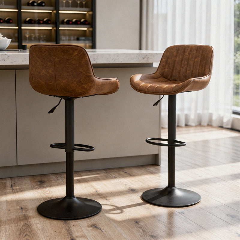 Faux Leather And Steel Swivel Low Back Adjustable Height Bar Chairs With Footrest 42" (Set of 2) - Brown And Black