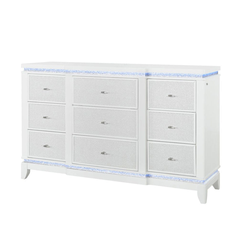 62" Faux Crystal Glitter Wood Lighted Nine Drawer Triple Dresser - White