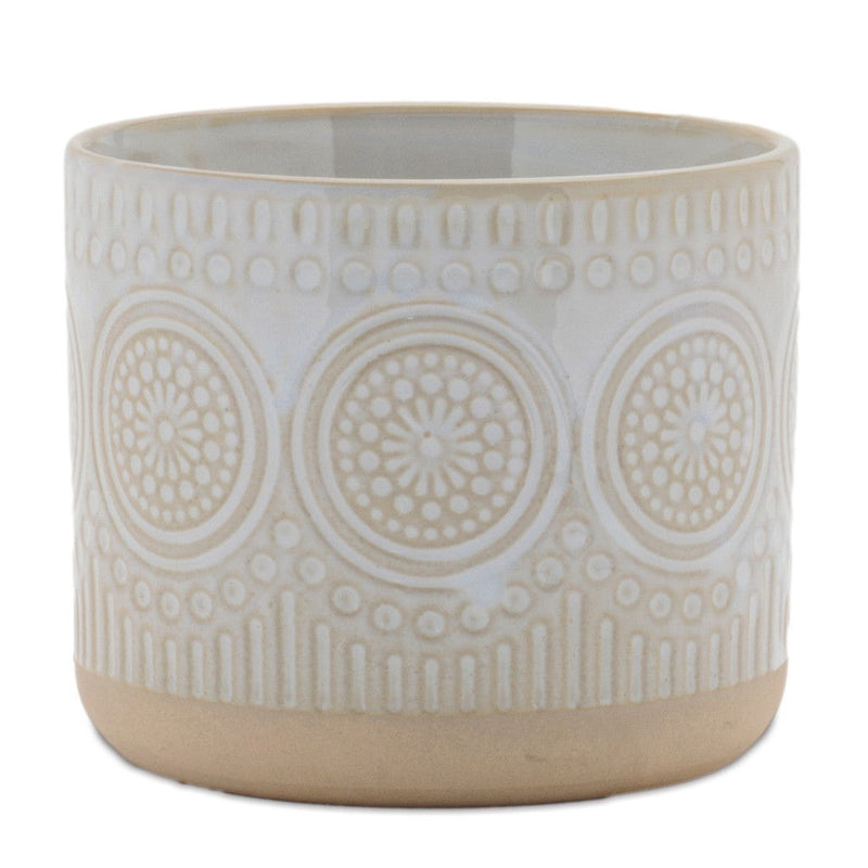Porcelain Geometric Round Pot Planters (Set of 2) - Beige / White