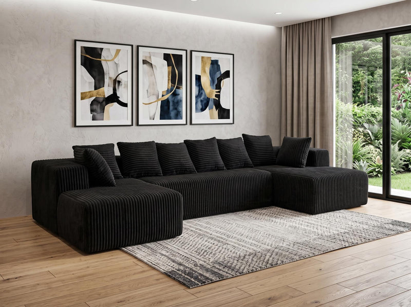 Corduroy Modular U Shaped Three Piece Corner Sectional With Console And Toss Pillows (754490) - Black