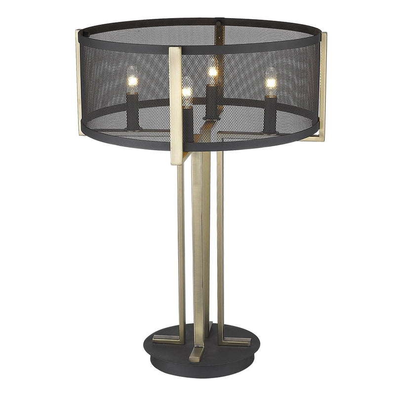 Metal Four Light Geometric Table Lamp With Black Drum Shade - Brass