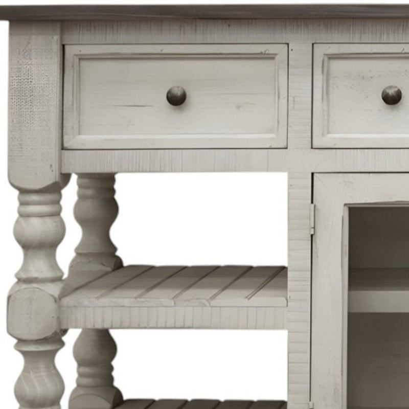 Solid Wood, Open Shelving Distressed TV Stand - Ivory