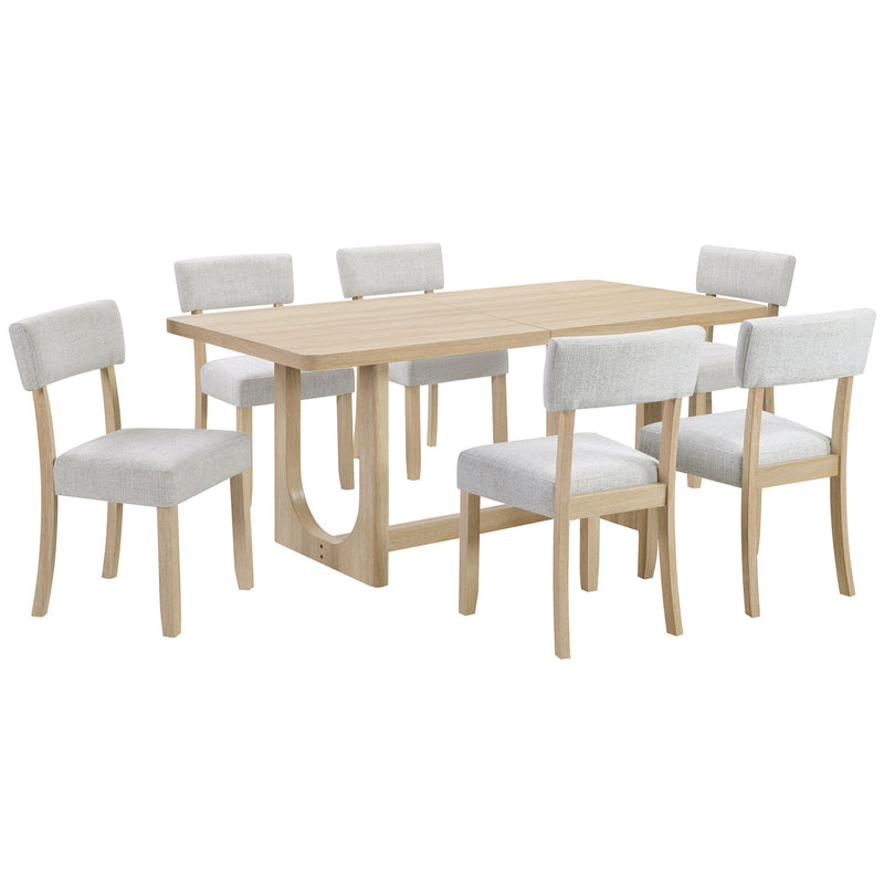 7 Piece Dining Table Set For 6, Rectangular Table & 6 Upholstered Chairs, Sturdy U - Shaped Base For Dining Room - Light Oak