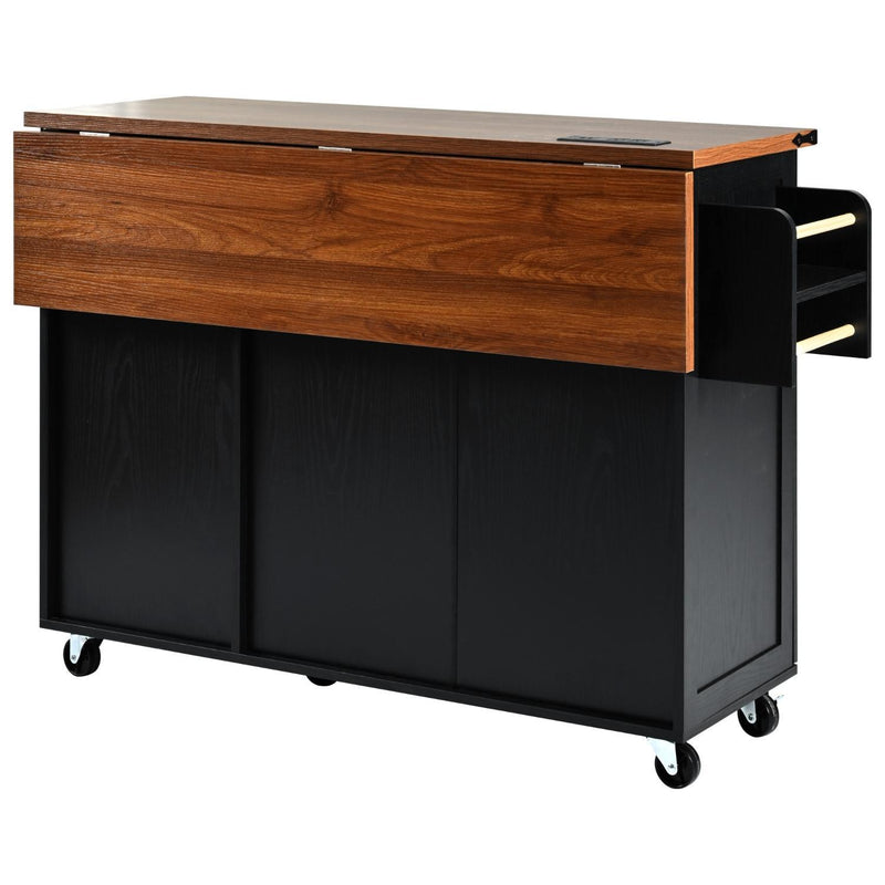 Brown And Wood Flat Door Rolling Kitchen Cart With Storage With USB (755921) - Black