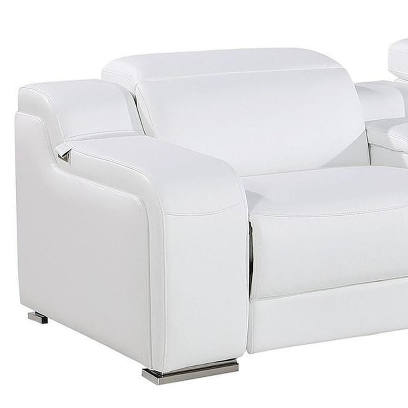 169" Reclining USB Reclining Sofa With Silver Legs - White