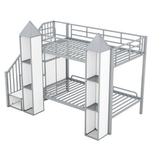 Load image into Gallery viewer, Metal Twin over Twin Castle-shaped Bunk Bed with Wardrobe and Multiple Storage, Gray+White
