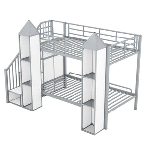 Metal Twin over Twin Castle-shaped Bunk Bed with Wardrobe and Multiple Storage, Gray+White