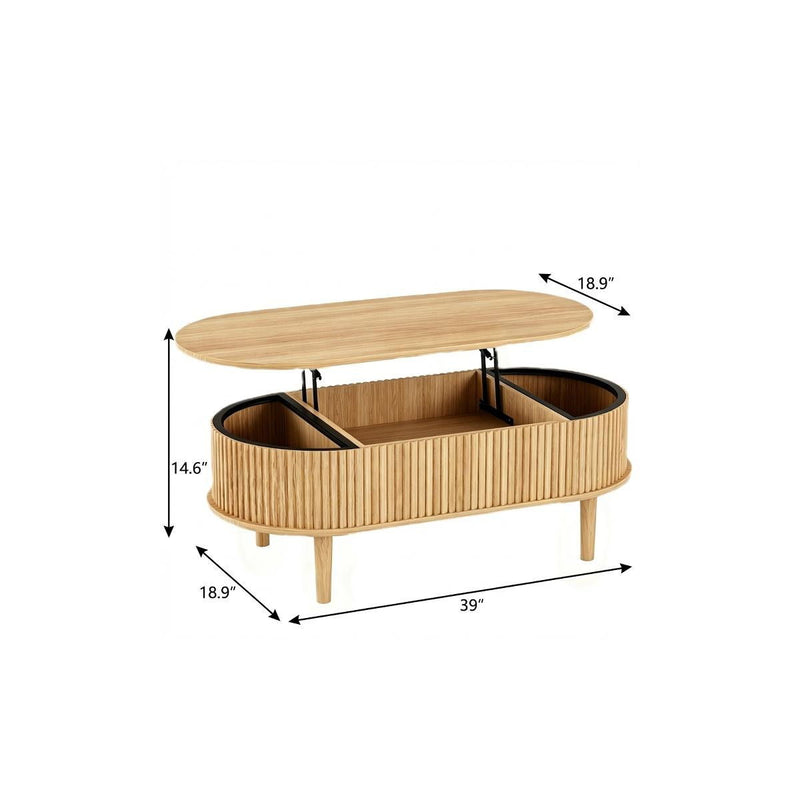 Oval Lift Top Drum Coffee Table With Three Shelves - Natural