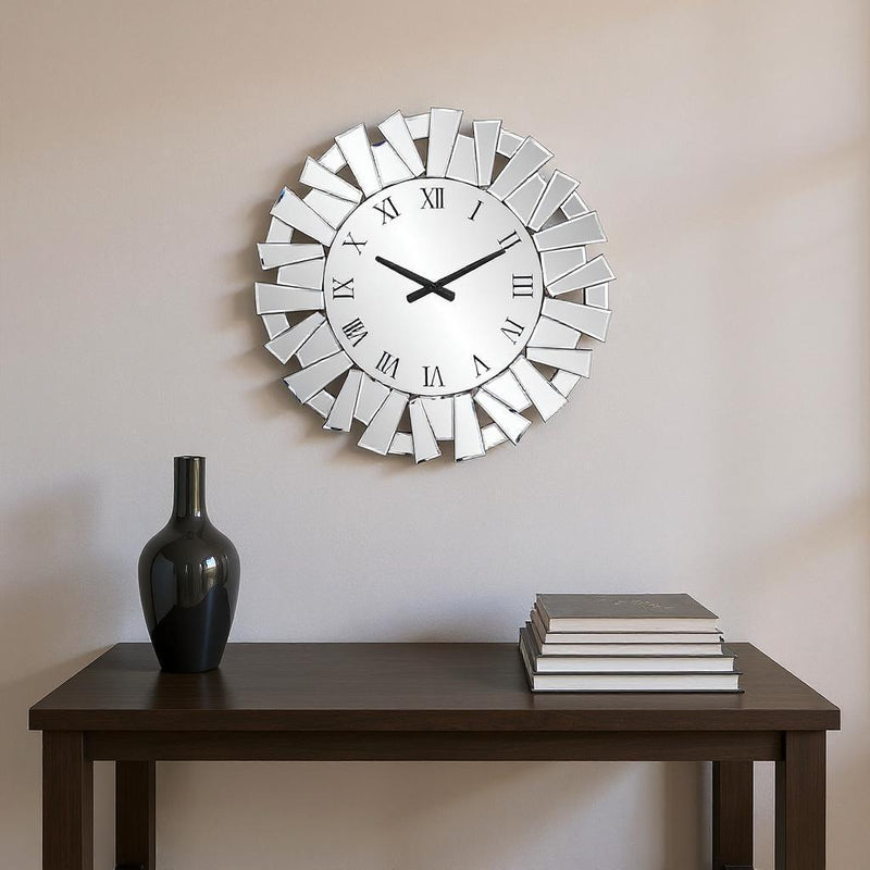 Mirrored Silent Analog Sunburst Wall Clock - Silver