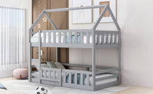 Load image into Gallery viewer, Twin over Twin House Bunk Bed with Fence and Door, Gray
