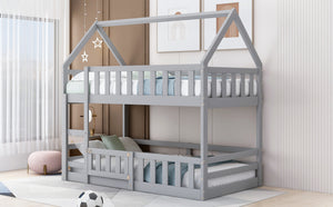 Twin over Twin House Bunk Bed with Fence and Door, Gray