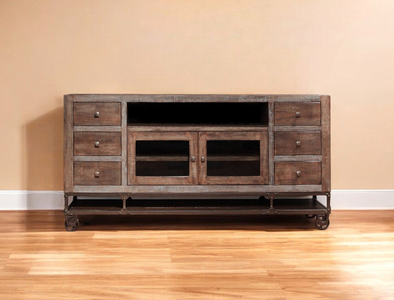 Solid Wooden Cabinet Enclosed Storage, Distressed TV Stand - Brown