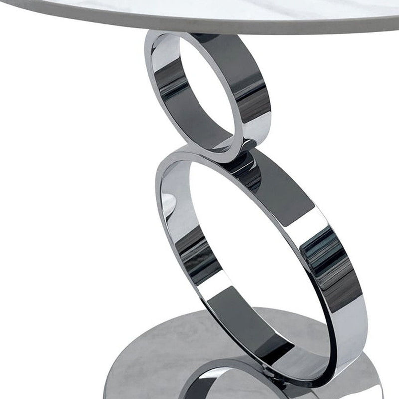 21" Stone And Stainless Steel Round Pedestal End Table - Silver And White