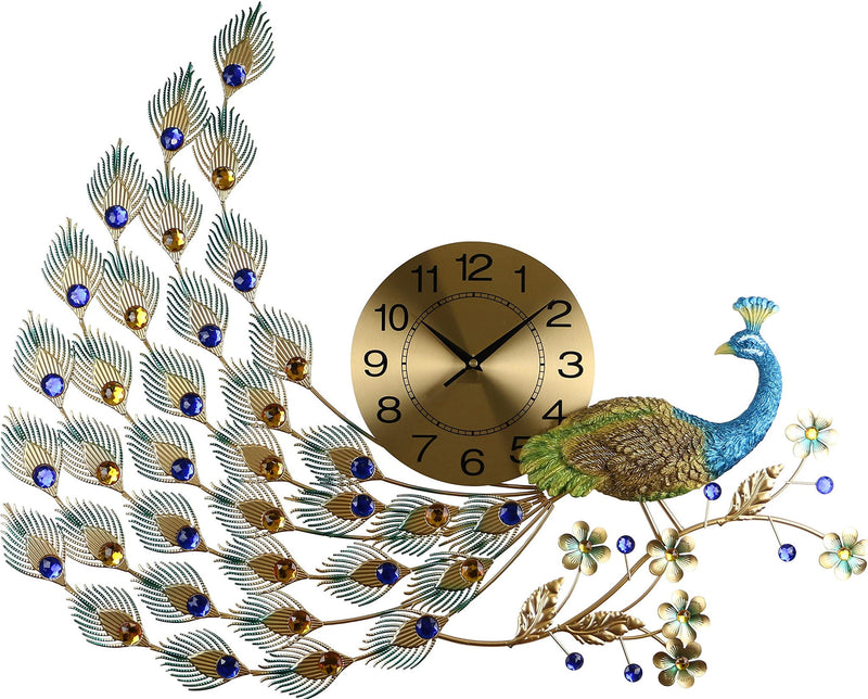 Silent Analog Peacock Novelty Wall Clock (626366) - Gold / Blue / Green