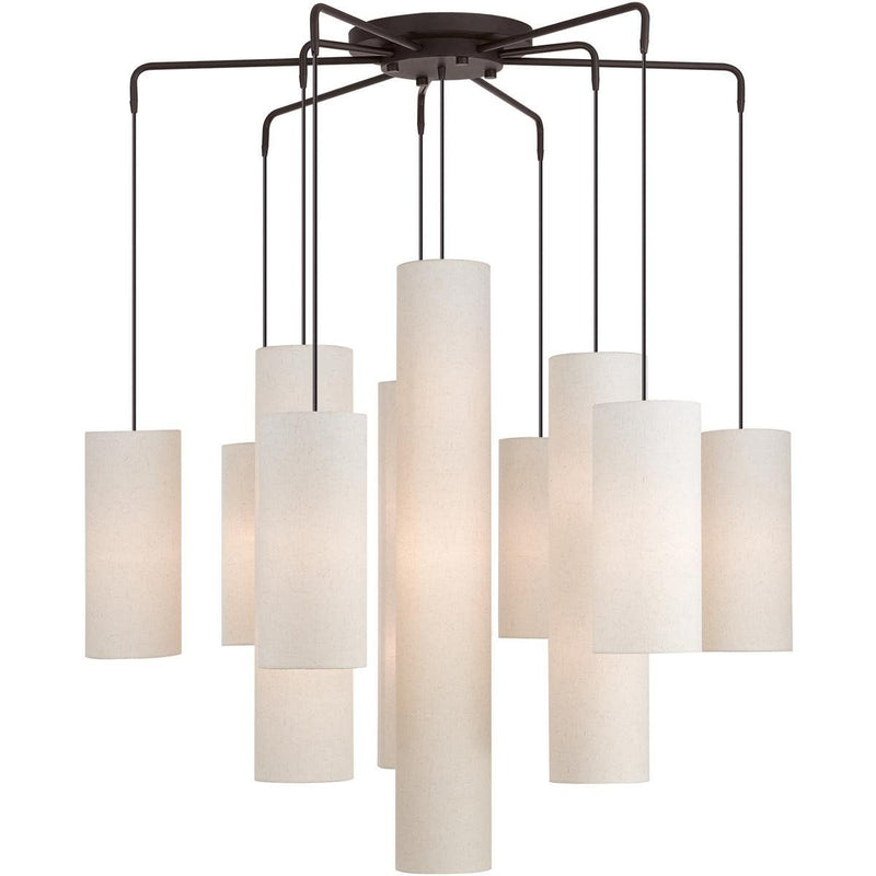 Nine Light Metal Dimmable Chandelier With Shades - Bronze / Cream