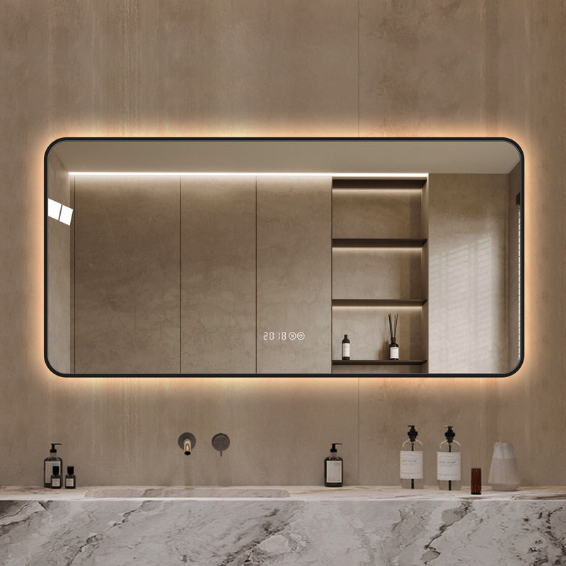 47" Aluminum Round Lighted Framed Bathroom Vanity Mirror - Black