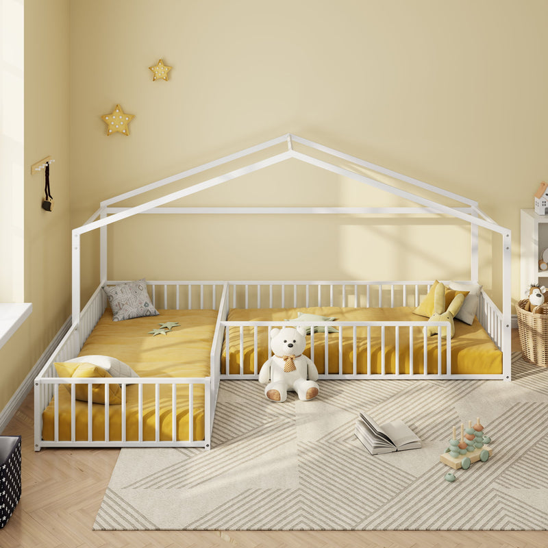 L-Shaped Montessori Bed For 2 Kids With Partitioned Fence