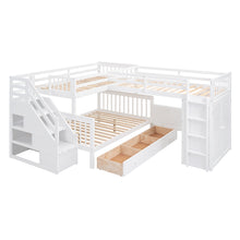 Load image into Gallery viewer, Twin-Twin over Full L-Shaped Bunk Bed With 3 Drawers, Portable Desk and Wardrobe, White
