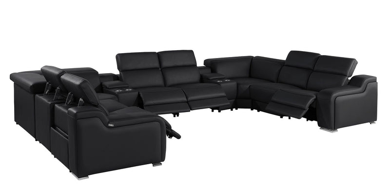 Italian Leather Power Reclining U-Shaped Ten Piece Corner Sectional With Console - Black