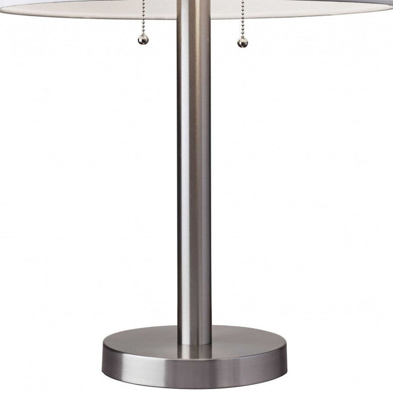 Metal Two Light Bedside Table Lamp With White Drum Shade - Silver