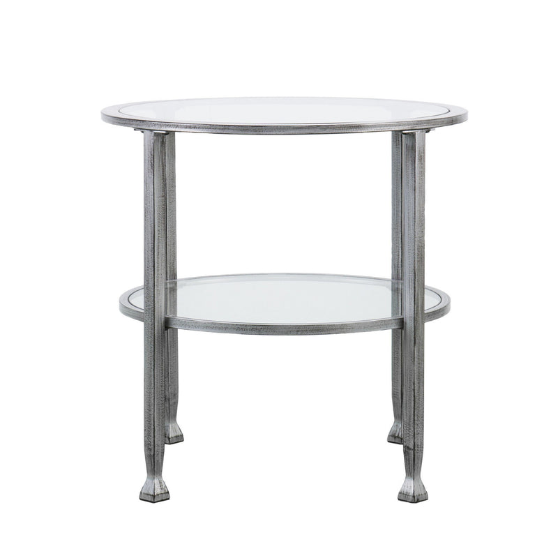 Glass Distressed Iron Round End Table With Shelf - Clear / Silver