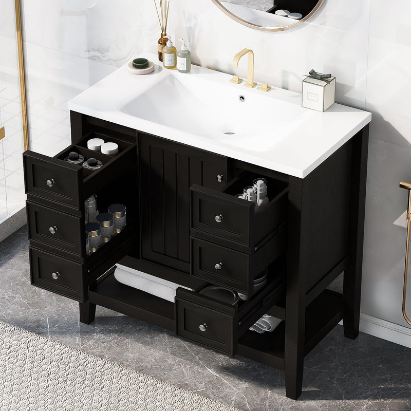 36" Bathroom Vanity & Sink, 2 Cabinet And 3 Drawers - Black