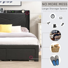 Load image into Gallery viewer, Queen Size Bed Frame with 2 Storage Drawers, Upholstered Bed Frame with Wingback Headboard Storage Shelf Built-in USB Charging Stations and Strong Wood Slats Support, No Box Spring Needed, Dark Gray
