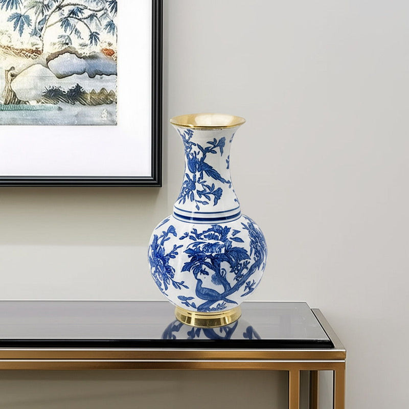 Chinoiserie Floral Porcelain Table Vase (574256) - Blue / Gold / White