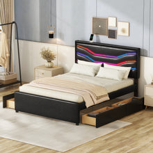 Load image into Gallery viewer, Queen Size Upholstered Storage Platform Bed with LED, 4 Drawers and USB Charging, Black
