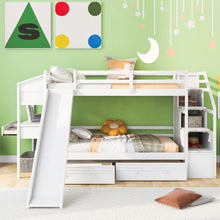 Load image into Gallery viewer, Twin over Twin Bunk Bed with Storage Staircase, Slide and Drawers, Desk with Drawers and Shelves, White
