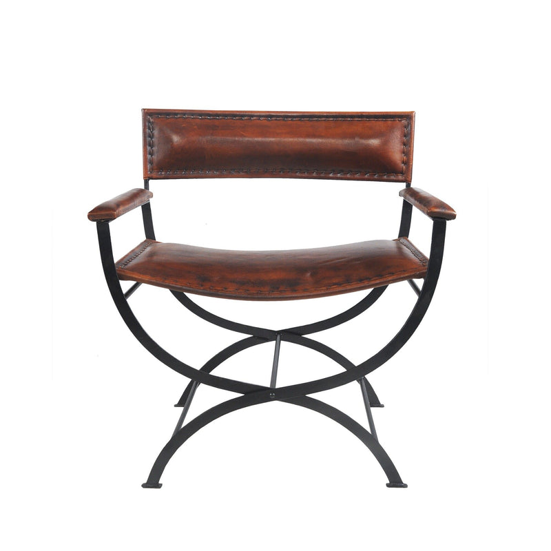 29" Metal And Genuine Leather Director's Chair - Black / Brown