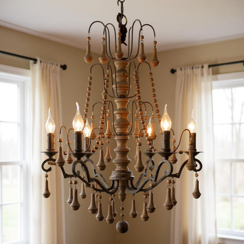 Candle Style Six Light Wood Chandelier - Brown