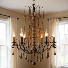 Load image into Gallery viewer, Candle Style Six Light Wood Chandelier - Brown
