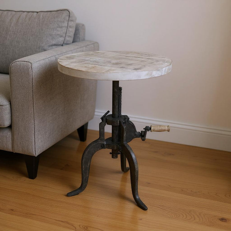 19" Solid Wood And Iron Height Adjustable Round End Table - Natural And Gunmetal