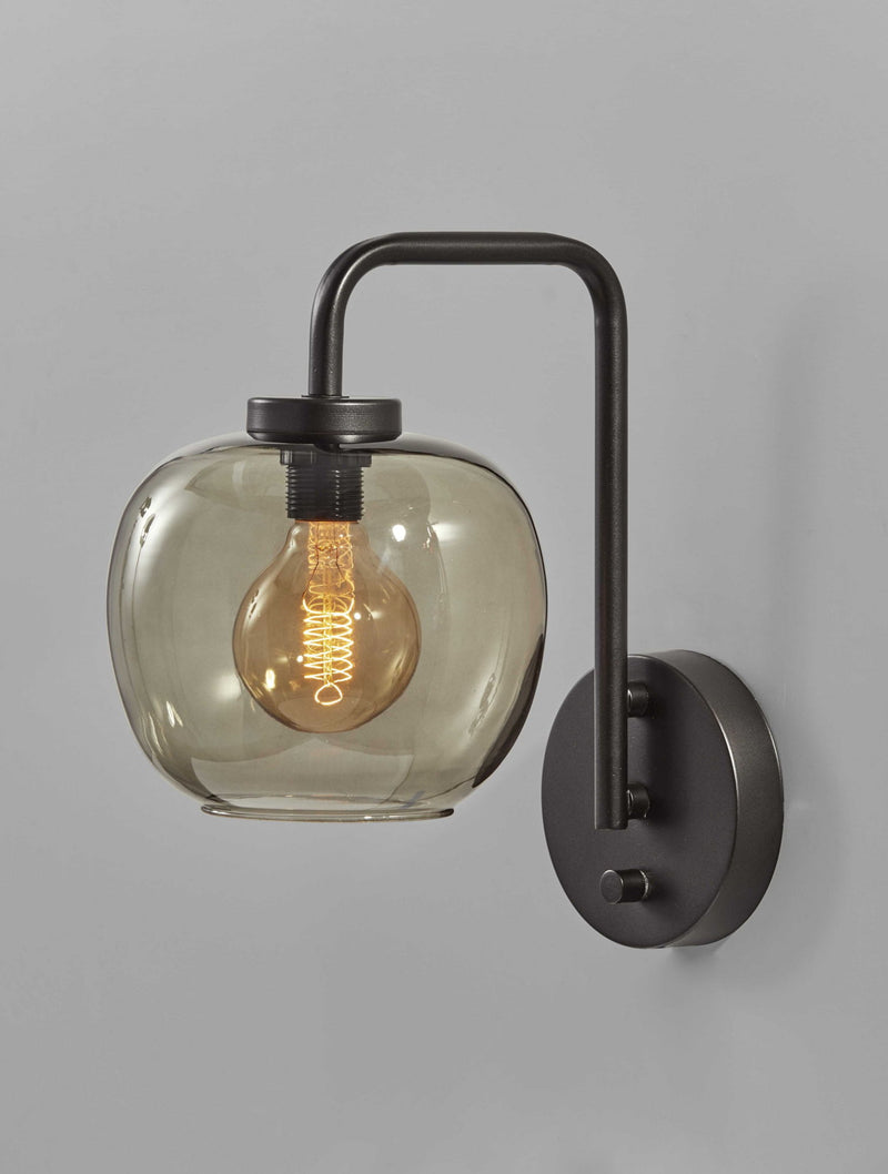 Smoked Glass Globe Shade With Vintage Edison Bulb And Metal Wall Lamp - Matte Black