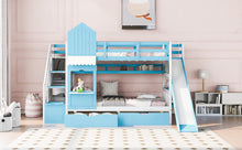 Load image into Gallery viewer, Twin-Over-Twin Castle Style Bunk Bed with 2 Drawers 3 Shelves and Slide - Blue
