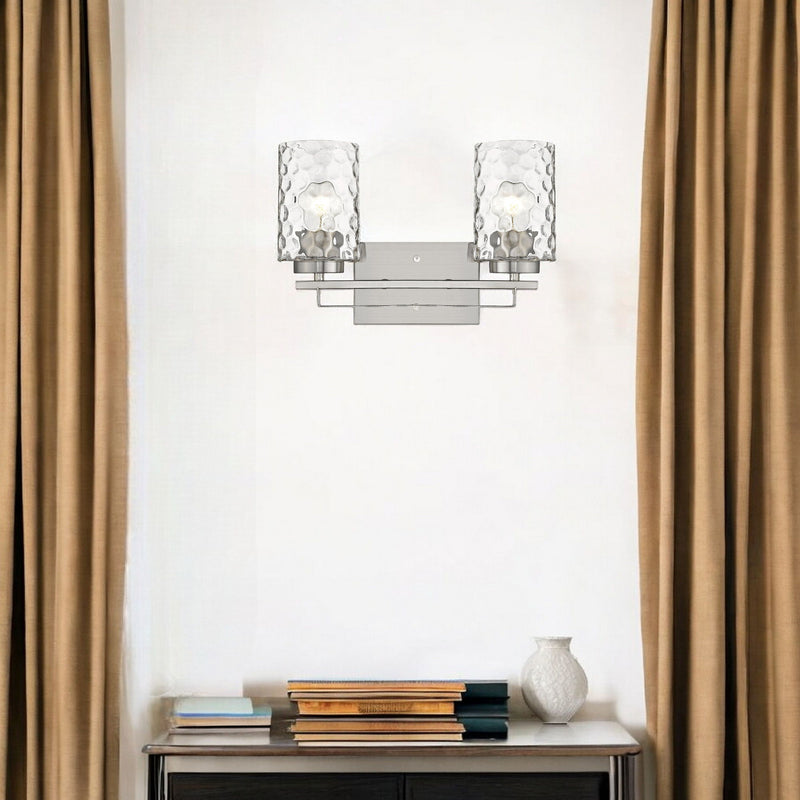 Metal And Pebbled Glass Two Light Wall Sconce - Silver