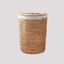 Load image into Gallery viewer, Round Tall Water Hyacinth Woven Wicker Laundry Hamper With Lid - For Clothes, Toys And Book Storage With Removable Liner - 15" X 15" X 20" - Natural Brown
